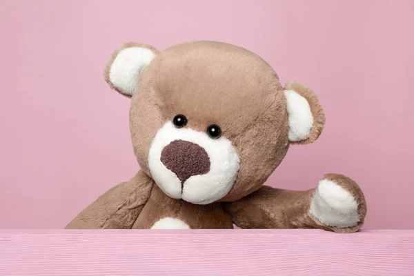 Cute Teddy Bear Wooden Plank Pink Background — Stock Photo, Image