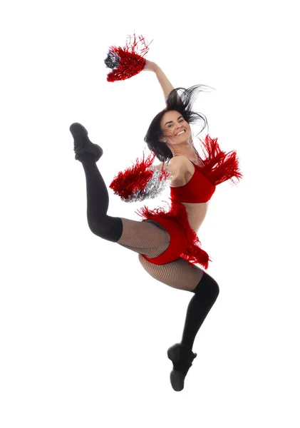 Schöne Cheerleader Kostüm Springen Auf Weißem Hintergrund — Stockfoto