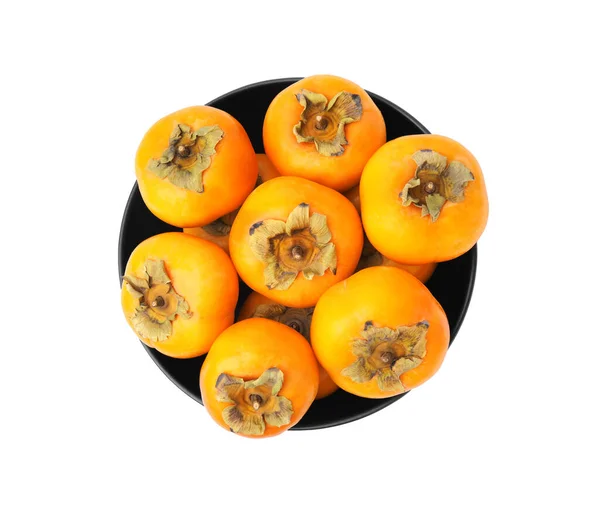 Bowl Whole Delicious Juicy Persimmons Isolated White Top View — Stock Photo, Image