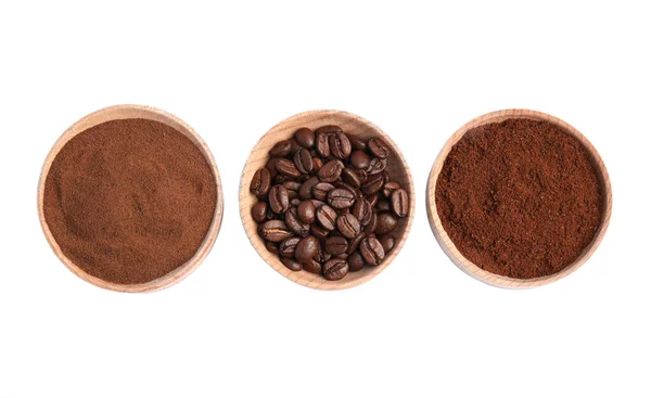 Kommen Bonen Instant Gemalen Koffie Witte Achtergrond Bovenaanzicht — Stockfoto