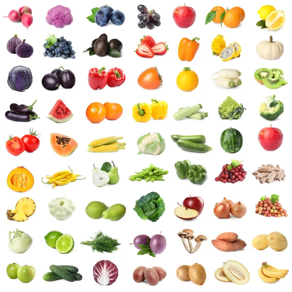 Sortimento Frutas Legumes Frescos Fundo Branco Design Colagem — Fotografia de Stock