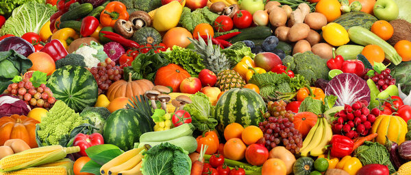 Ассортимент свежих овощей и фруктов в качестве фона, баннерный дизайн