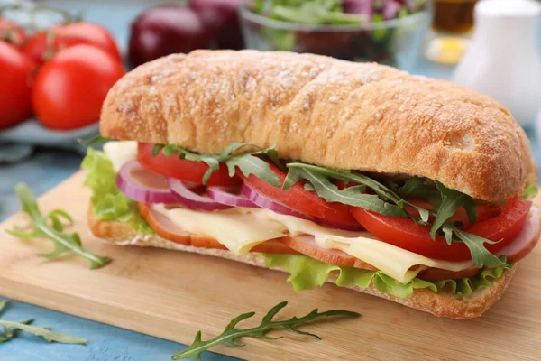 Delicious Sandwich Fresh Vegetables Cheese Arugula Wooden Board Closeup — Stock Photo, Image