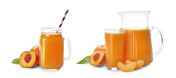 Collage Peach Juice Glassware Fresh Fruits Isolated White — Stock Photo, Image