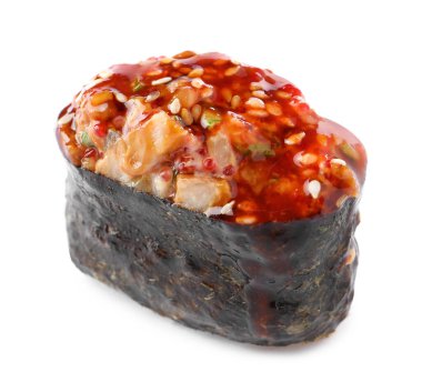 Delicious sushi with smoked eel isolated on white