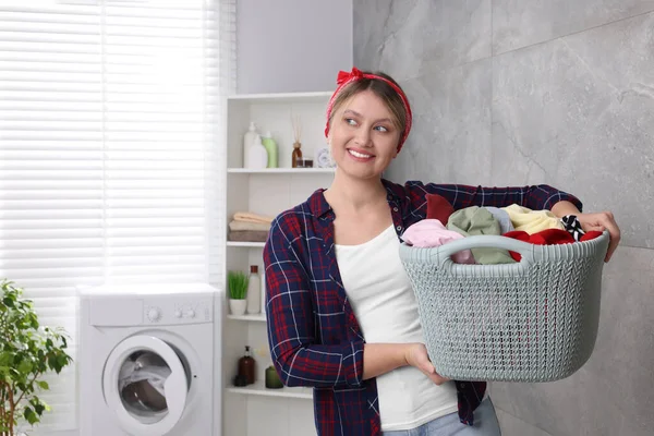 Happy Woman Basket Full Laundry Bathroom Space Text — Stock Photo, Image