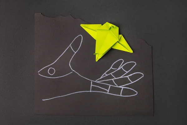 Mano Disegnata Uccello Carta Verde Sfondo Nero Vista Dall Alto — Foto Stock