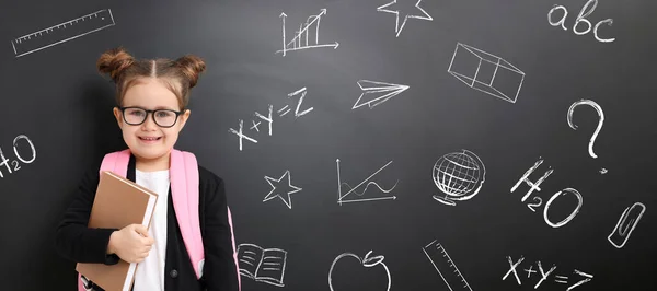 School Girl Holding Notebook Blackboard Chalk Drawings Inscriptions Banner Design — Stock Photo, Image