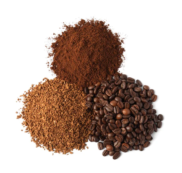 Bonen Instant Gemalen Koffie Witte Achtergrond Bovenaanzicht — Stockfoto
