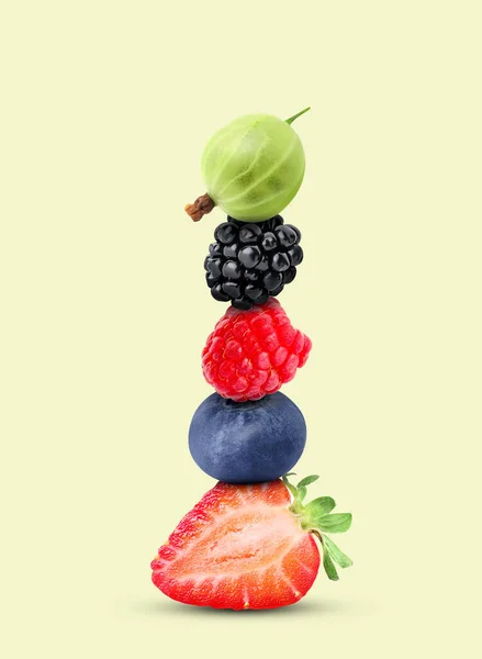 Stack Different Fresh Tasty Berries Honeydew Color Background — Stock Photo, Image