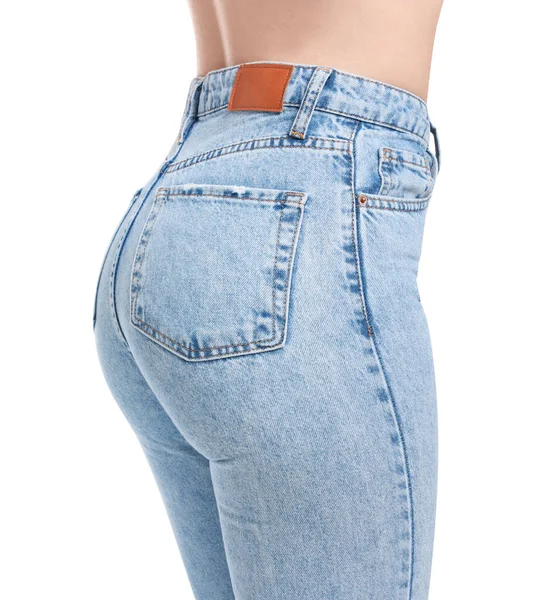 Mujer Jeans Con Estilo Sobre Fondo Blanco Primer Plano Espacio —  Fotos de Stock