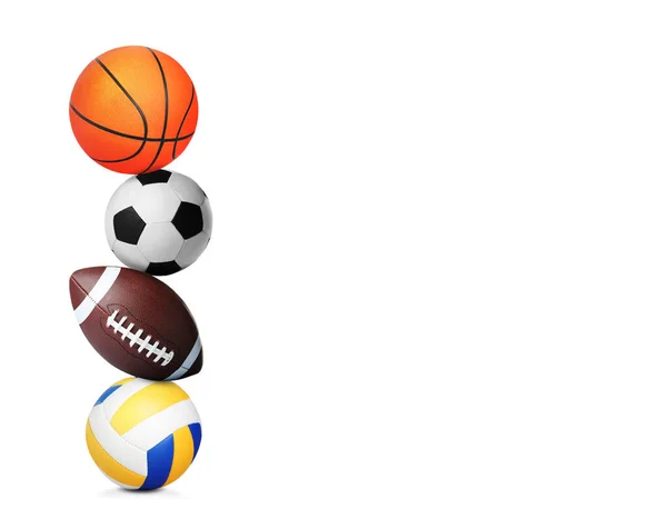 Стек Различных Спортивных Мячей Белом Фоне — стоковое фото