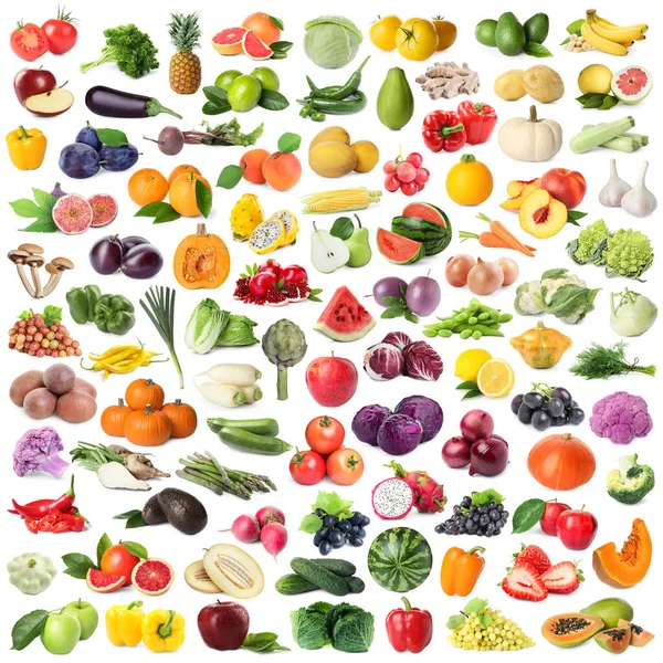 Many Fresh Fruits Vegetables White Background Collage Design — Stock Photo, Image