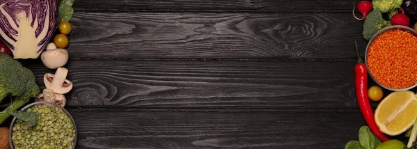 Различные Веганские Продукты Питания Деревянном Столе Плоский Уголок Дизайн Баннеров — стоковое фото