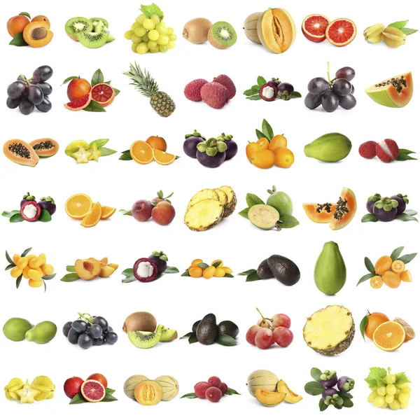 Collage Diferentes Frutas Frescas Sobre Fondo Blanco — Foto de Stock