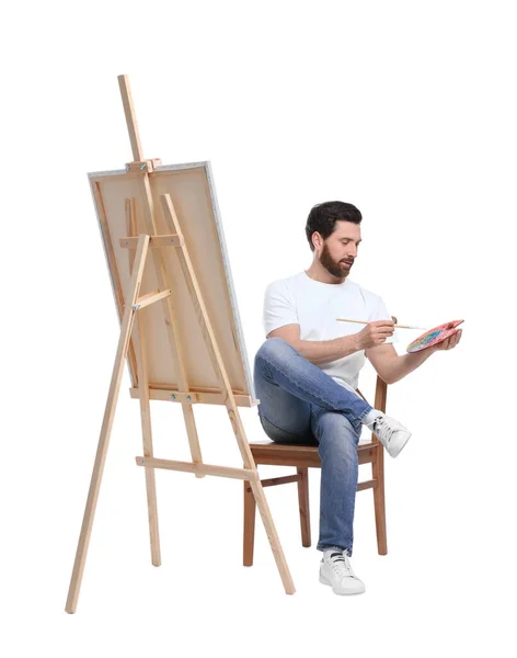 Hombre Con Pintura Pincel Sobre Fondo Blanco Usando Caballete Para — Foto de Stock