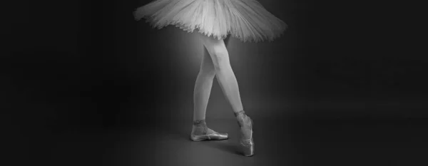 年轻的芭蕾舞演员穿着尖皮鞋练习舞步 黑白分明的效果条幅设计 — 图库照片