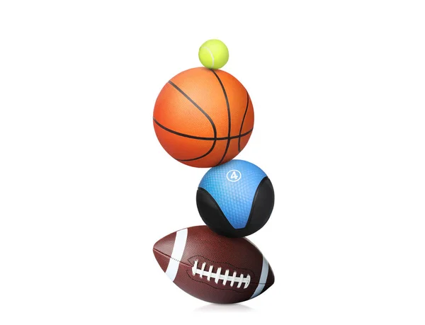 白い背景に異なるスポーツと薬のボールのスタック — ストック写真