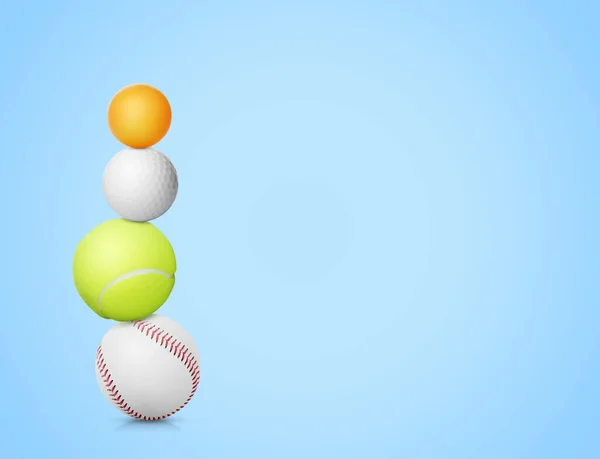 Стек Різних Спортивних Кульок Світло Блакитному Фоні Простір Тексту — стокове фото