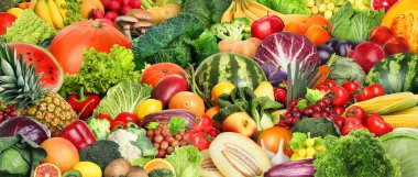 Arka plan olarak taze sebze ve meyve çeşitleri, pankart tasarımı