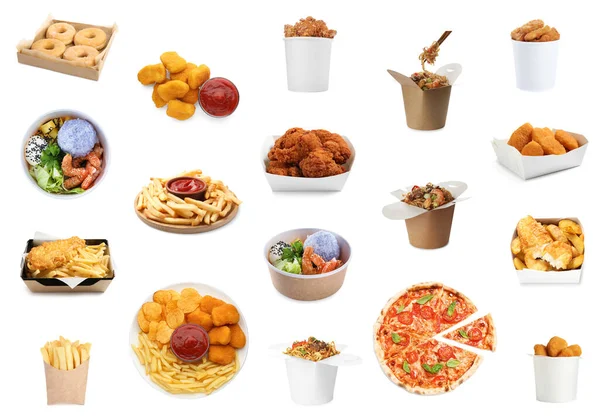 Collage Met Verschillende Heerlijke Fast Food Witte Achtergrond — Stockfoto