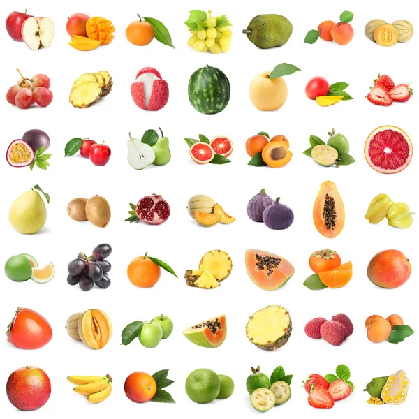 Collage Van Verschillende Verse Vruchten Witte Achtergrond — Stockfoto