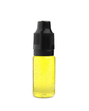 Beyaz arka planda bir şişe sarı gıda boyası