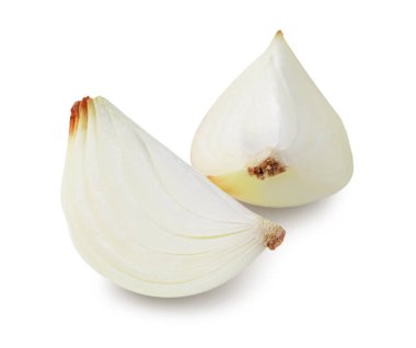Pieces of fresh onion on white background