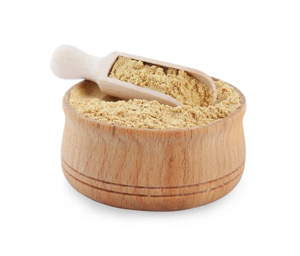 Wooden Scoop Bowl Aromatic Mustard Powder White Background — Stock Photo, Image
