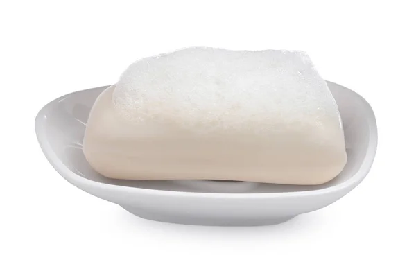 Soap Bar Fluffy Foam Holder White Background — Stock Photo, Image