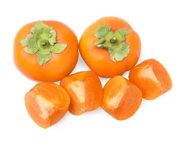 Whole Cut Delicious Ripe Juicy Persimmons White Background Top View — Stock Photo, Image