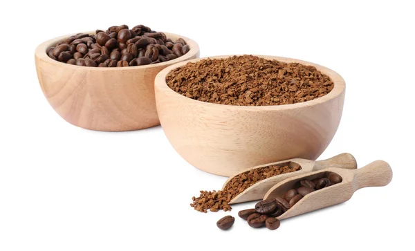 Bowls Scoops Instant Coffee Roasted Beans White Background — Stock Photo, Image