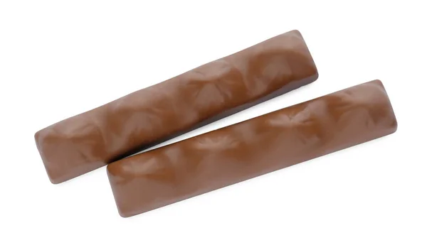 Dulces Sabrosas Barras Chocolate Sobre Fondo Blanco Vista Superior — Foto de Stock