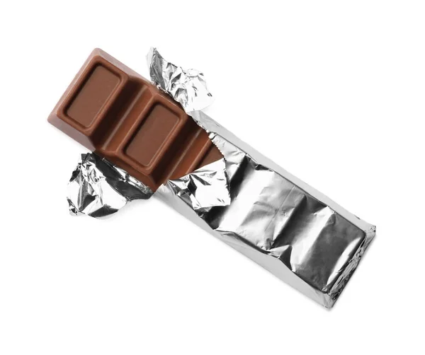 Deliziosa Barretta Cioccolato Avvolta Sfondo Bianco Vista Dall Alto — Foto Stock