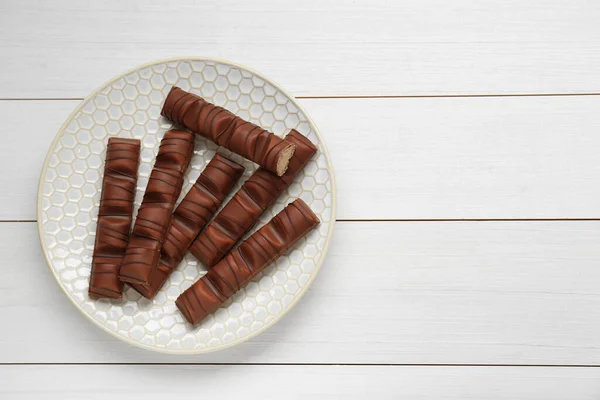 Barres Chocolat Savoureux Sur Table Bois Blanc Vue Sur Dessus — Photo
