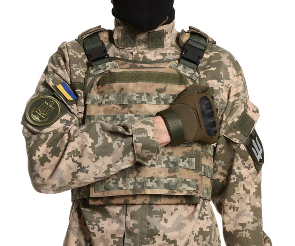 Ukrainian Soldier Military Uniform White Background Closeup — Stock Photo, Image