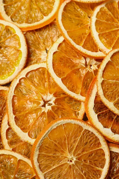 Heap Dry Orange Slices Background Top View — Stockfoto