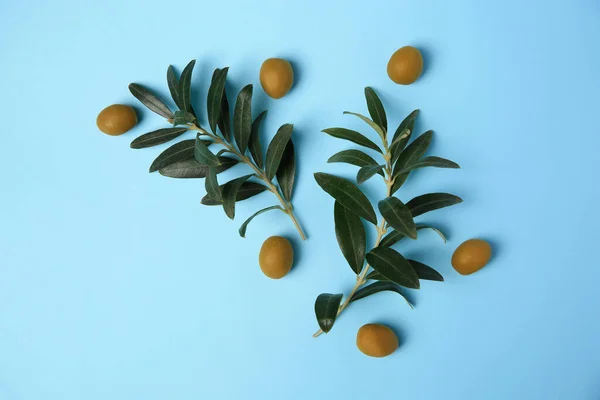 Olives Fraîches Feuilles Vertes Sur Fond Bleu Clair Plat — Photo