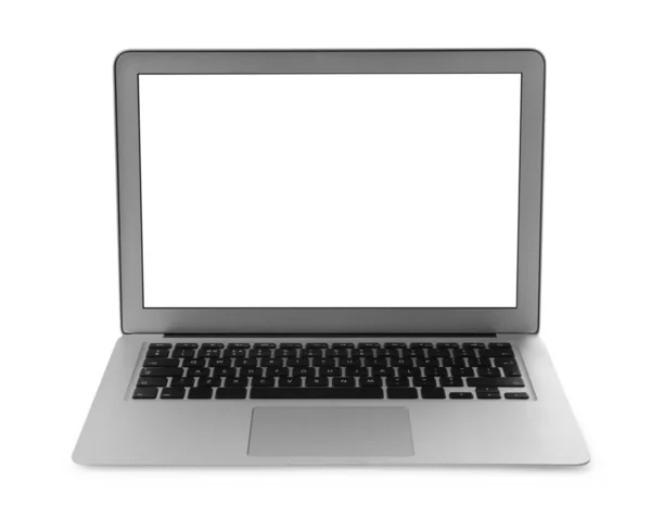 Modern Laptop Val Üres Képernyő Elszigetelt Fehér — Stock Fotó