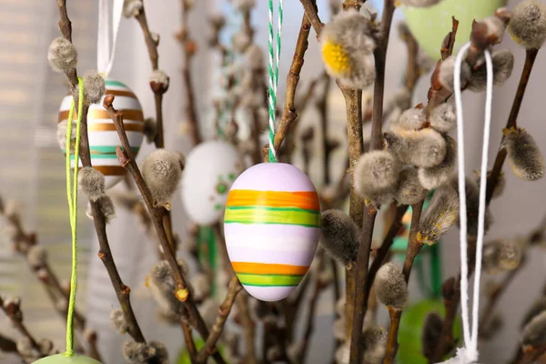 Beautiful Willow Branches Painted Eggs Indoors Easter Decor — Stock Photo, Image