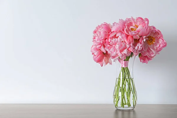 Beautiful Bouquet Pink Peonies Vase Table White Background Space Text — Stock Photo, Image