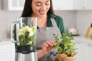 Kapalı mekanda saksıda otları tutan kadın, smoothie için malzemelerle karıştırıcıya odaklan.