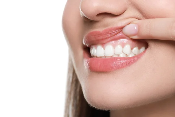 Woman Showing Healthy Gums White Background Closeup Space Text — Stock Photo, Image