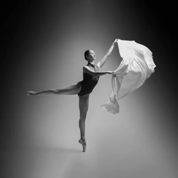 Graziosa Giovane Ballerina Che Pratica Mosse Danza Con Velo Effetto — Foto Stock