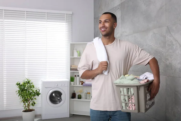 Happy Man Basket Full Laundry Bathroom Space Text — Stock Photo, Image