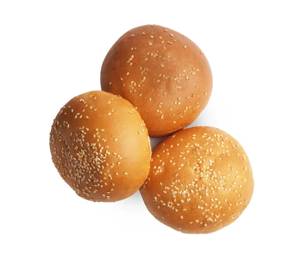 Fresh Tasty Buns Sesame Seeds Isolated White Top View — Stock Photo, Image