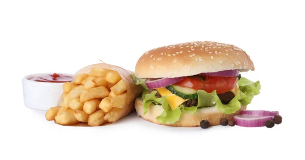 Delicioso Hambúrguer Ketchup Batatas Fritas Fundo Branco — Fotografia de Stock