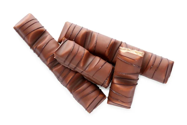 Bitar Välsmakande Choklad Barer Vit Bakgrund Ovanifrån — Stockfoto
