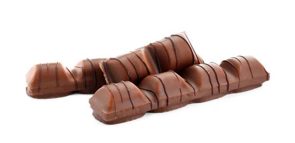 Pieces Tasty Chocolate Bars White Background — Stock Photo, Image