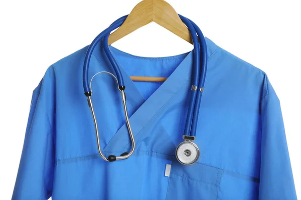 Light Blue Medical Uniform Stethoscope White Background — Stock Photo, Image